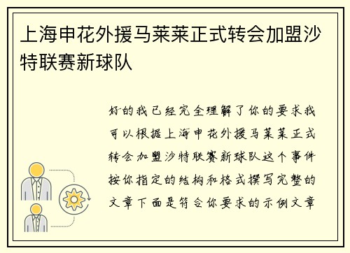 上海申花外援马莱莱正式转会加盟沙特联赛新球队